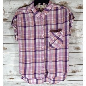 Cloth & Stone Pink Purple Plaid Flannel Button-Down Shirt Anthropologie Size‎ SM
